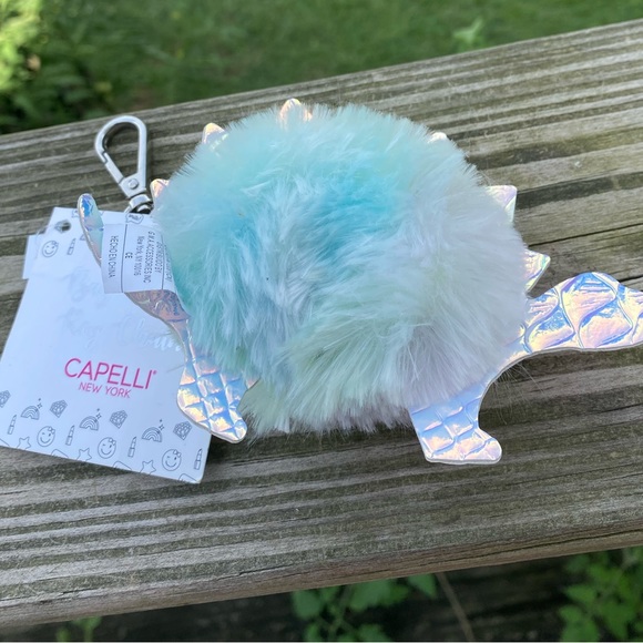 Fuzzy Dinosaur Bag Charm Key Chain Capelli New York Pom Pom - Picture 2 of 7